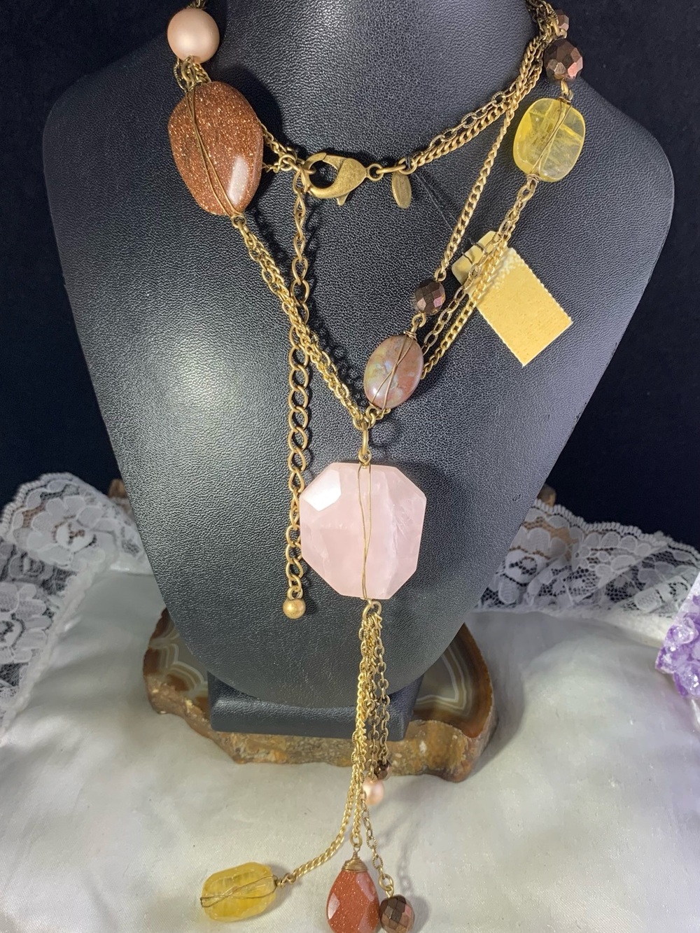 Chico's Multi-Strand Gold-Tone Necklace with Pink, Amber and Brown gemstones &